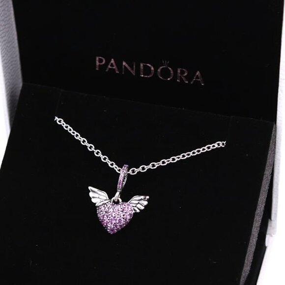 Pandora Pink Pave Heart Angel Wings Silver Necklace New with box